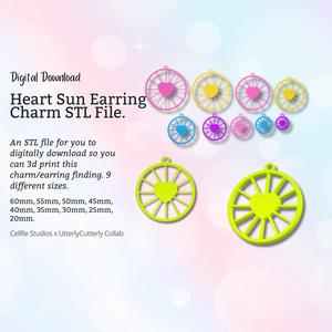 Heart Sun Earring Charm STL File - Digital Download -9 Sizes- Necklace Earring Keyring Modern Design