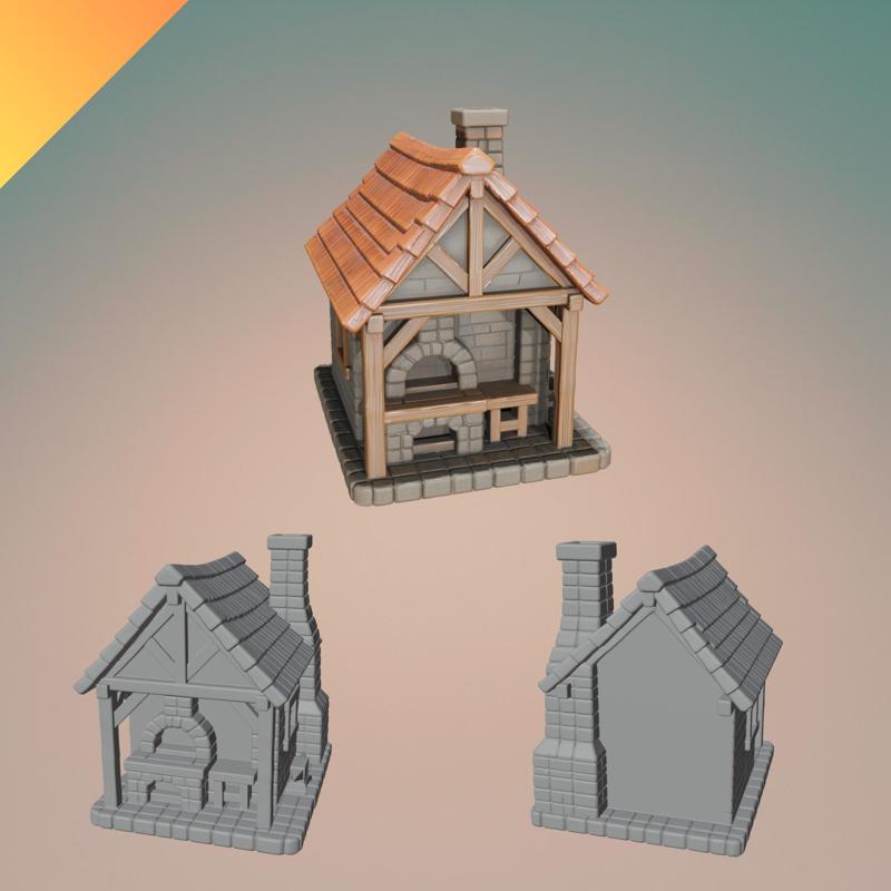 Medieval Forge House STL – 3D Printable Blacksmith Building with Textured GLB – One-Piece Model for Dioramas and Tabletop