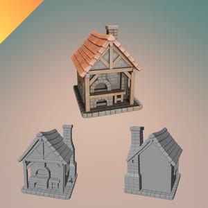 Medieval Forge House STL – 3D Printable Blacksmith Building with Textured GLB – One-Piece Model for Dioramas and Tabletop