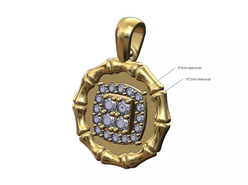 Diamond square cluster bamboo pattern coin with bail