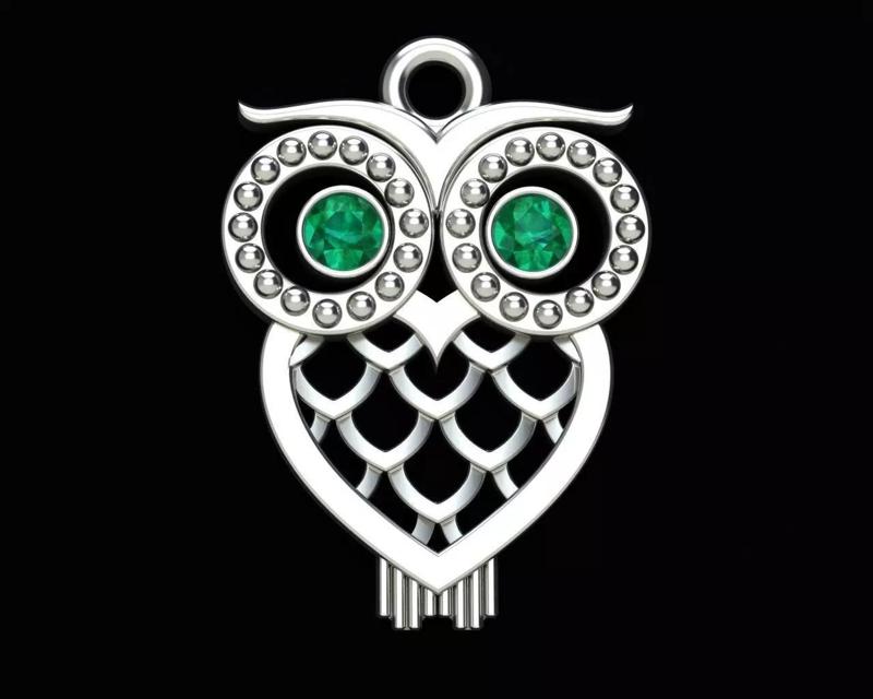 Owl Pendant Heart Shaped with Gems in the Eyes Birds Fantasy
