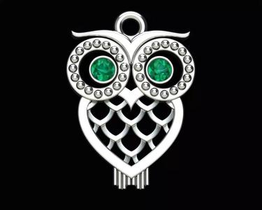 Owl Pendant Heart Shaped with Gems in the Eyes Birds Fantasy