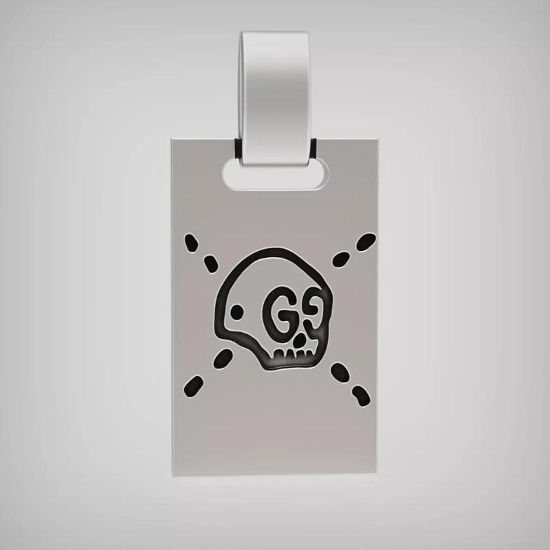 ghost luggage tag with skull and crossbones