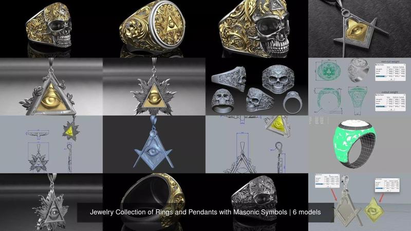 Jewelry Collection of Rings and Pendants with Masonic Symbols