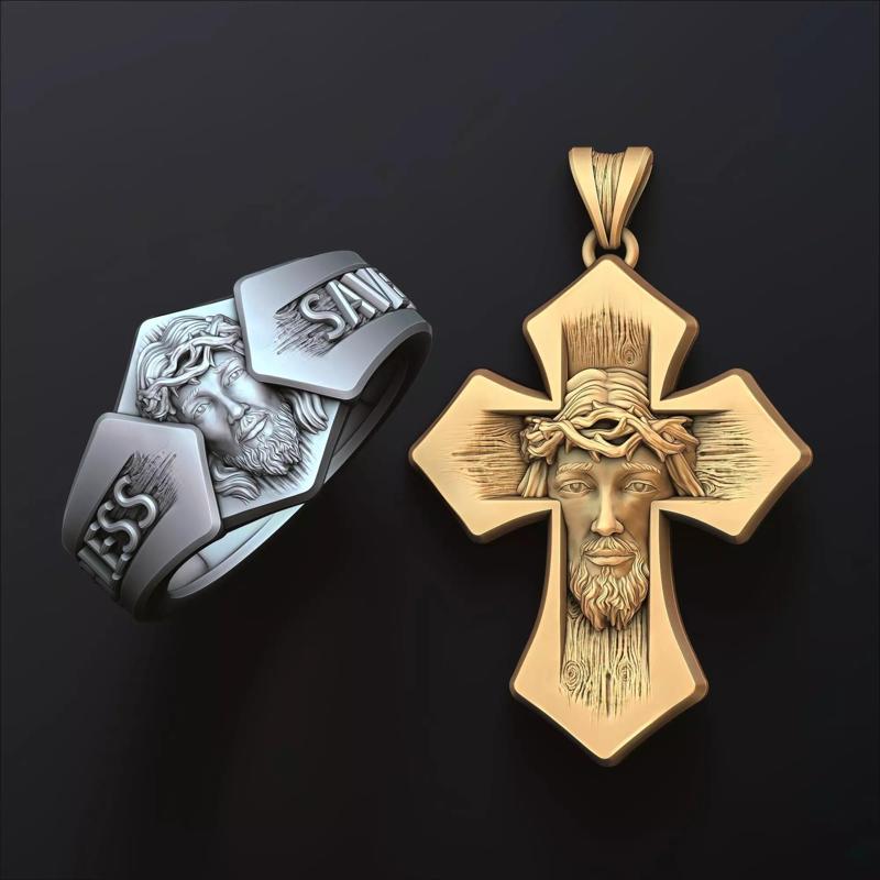 Jesus Head Cross Ring Pendant Set