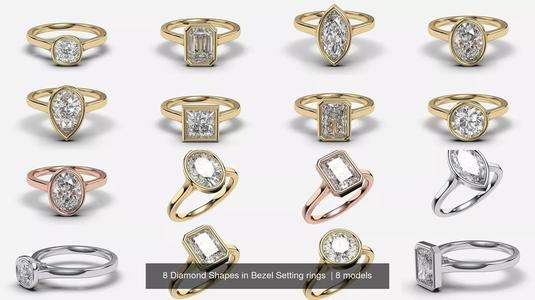 8 Diamond Shapes in Bezel Setting rings  3D Model Collection