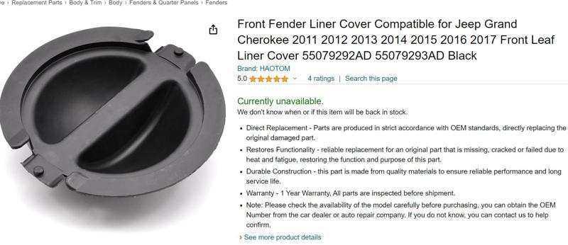 Front Fender Liner Cover Compatible for Jeep Grand Cherokee