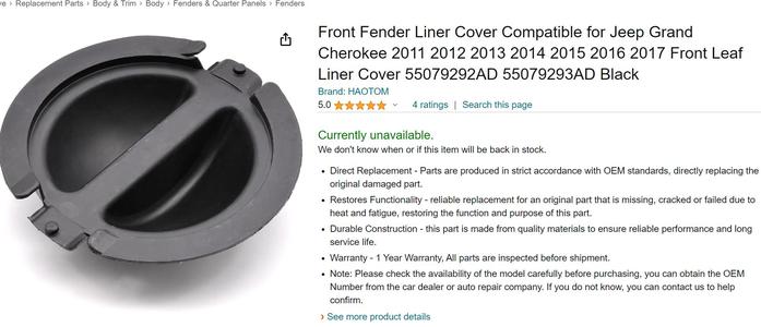 Front Fender Liner Cover Compatible for Jeep Grand Cherokee