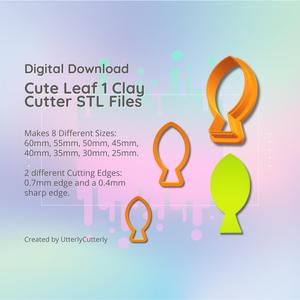 Clay Cutter STL File - Cute Leaf 1  - Earring Digital File Download- 8 sizes and 2 Earring Cutter Versions, cookie cutter
