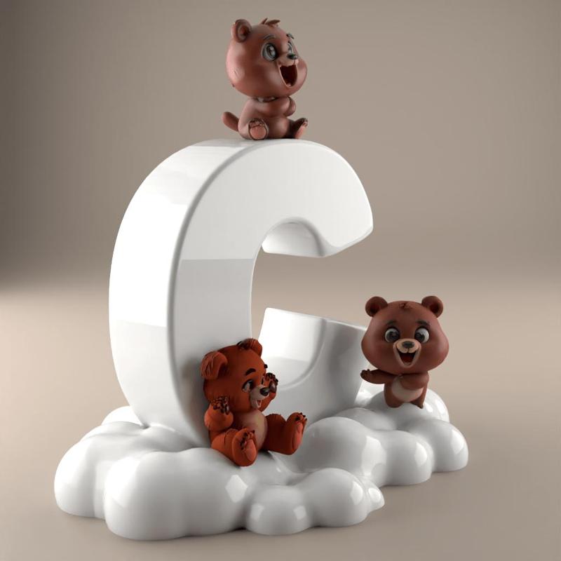 C Letter with Bears STL - Cute 3D Gift Decor