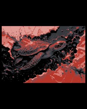 Artistic depiction of a Turtle swimming in red and black - Hueforge art