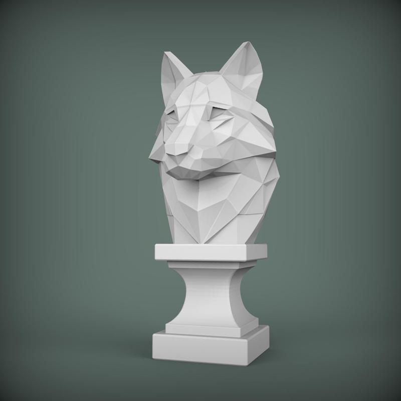 Low Poly Wolf Bust STL – 3D Printable Minimalist Animal Sculpture for Modern Decor