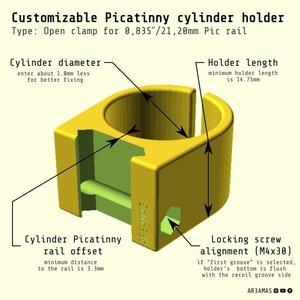 Customizable Picatinny cylinder holder — Open clamp for 0.835in 21mm Pic rail
