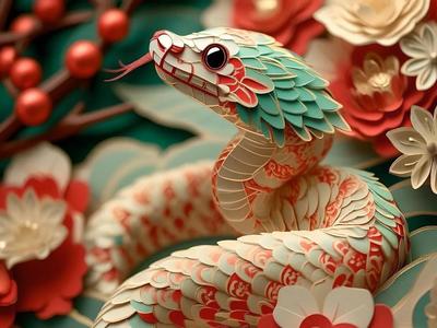 Year of the Snake Stereoscopic Paper-Cut Relief Painting, "Auspicious Golden Snake"