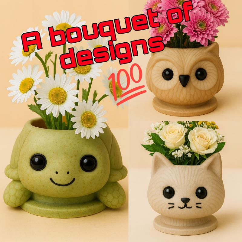 Cute Animal Planters Bundle – Turtle, Owl & Cat | 3D Printing Flower Pots