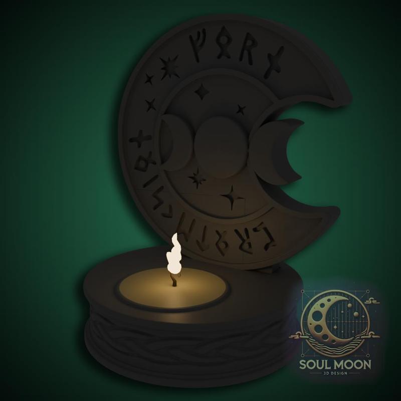 Runic Candle Holder - Triple Moon Wiccan Altar Decor (3D Print)