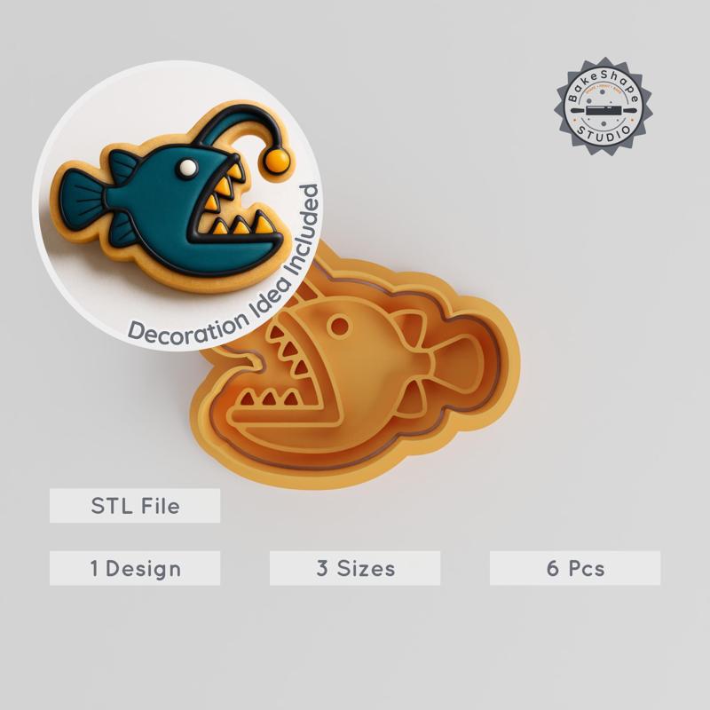 Angler Fish Cookie Cutter & Stamp Set, Ocean Predator Design, 6 Pieces, S/M/L, Perfect for Fondant