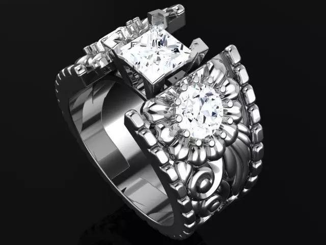 Ring with princess cut diamond and flovers on sides 4933