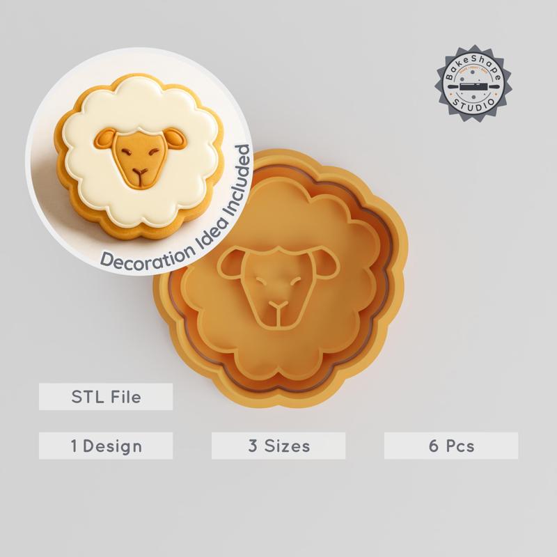 Sheep Cutter & Stamp Set, Animal Cookie & Fondant Mold, Farm Theme, 3 Sizes, 6 Piece Collection