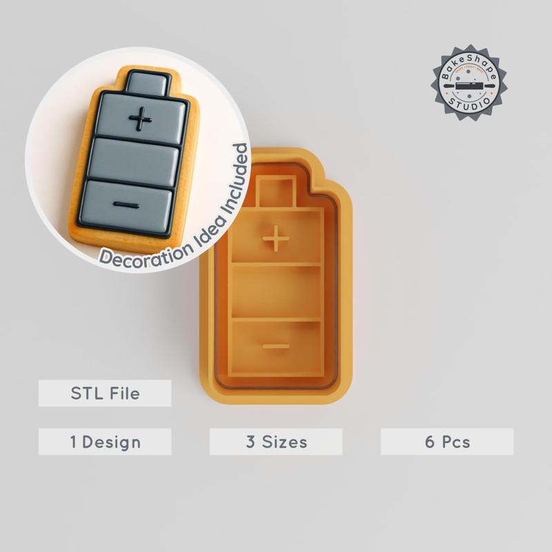 Battery Shape Cutter & Stamp Set, Energy-Themed, Cookie & Fondant, S/M/L Sizes, 6-Piece Electric Design