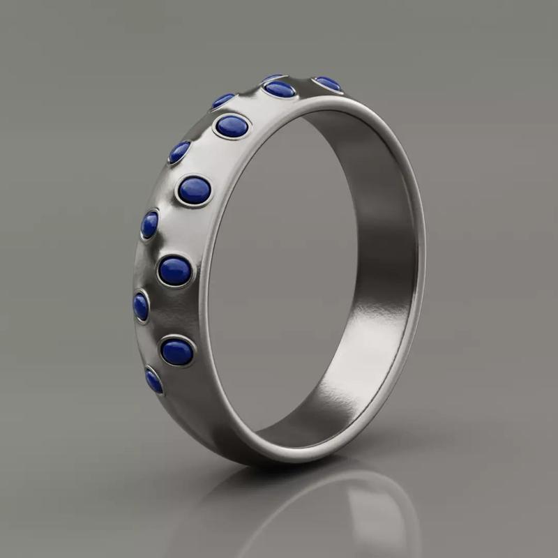 Silver Band Ring with Blue Gemstones - Modern 3D Print Jewelry