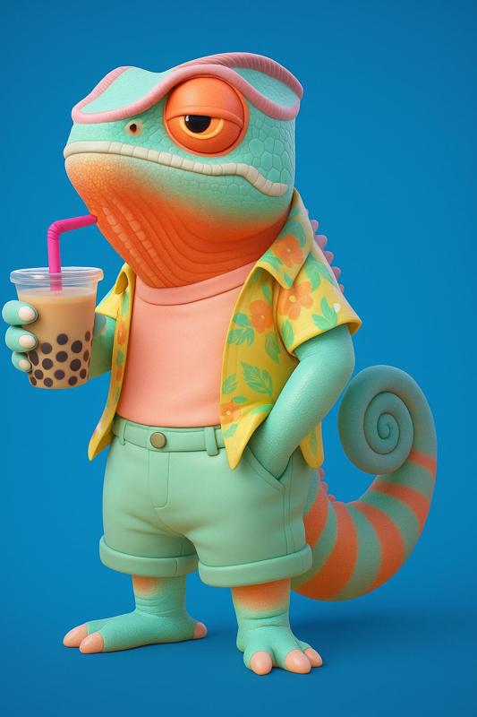 Cool Chameleon Drinking Boba Tea