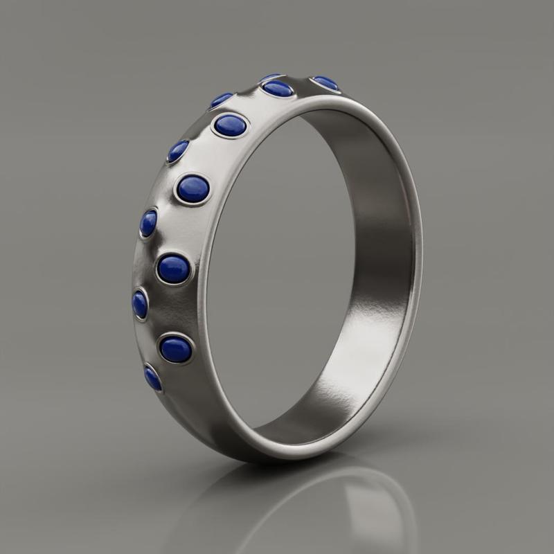 Silver Band Ring with Blue Gemstones - Modern 3D Print Jewelry