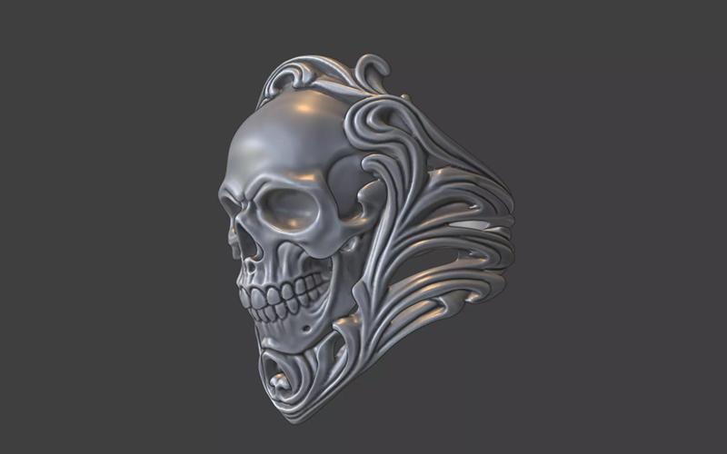 ornate silver human skull ring