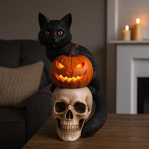 Halloween Black Cat with Pumpkin and Skull 3D Model | Spooky Decoration for 3D Printing