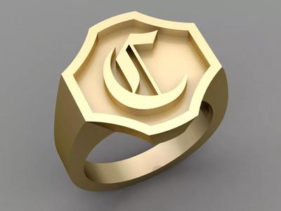 C Letter Classy Solid 14K Gold Name Initial Signet Ring Mens