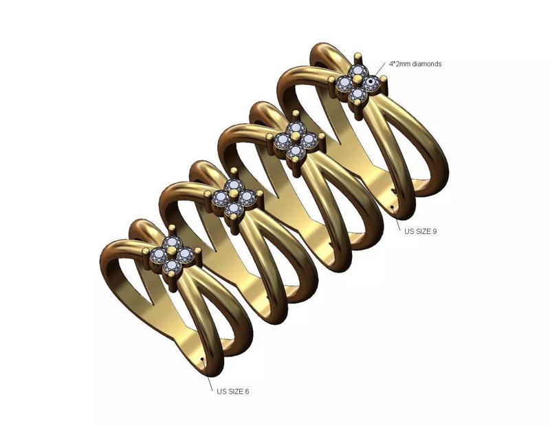 Crossed bands square cluster diamond ring US sizes 6to9