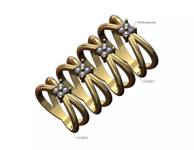 Crossed bands square cluster diamond ring US sizes 6to9