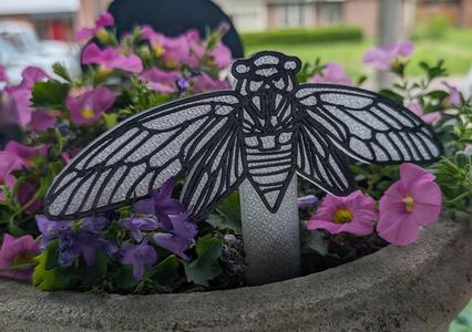 Cicada garden stake - plant decor.  Easy filament change opportunities for multiple colors.