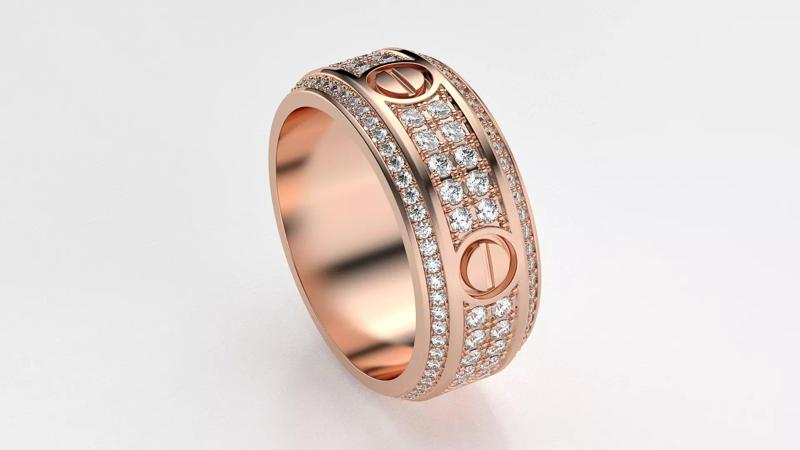 Stylized branded ring with bolts and diamonds