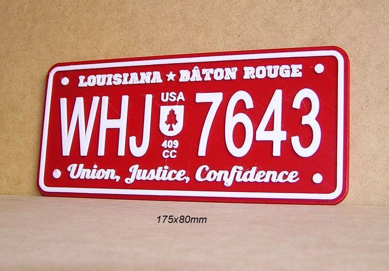 license plate, car, automobile, Louisiana, america, sign, signboard, logo, lettering, sign, print3d
