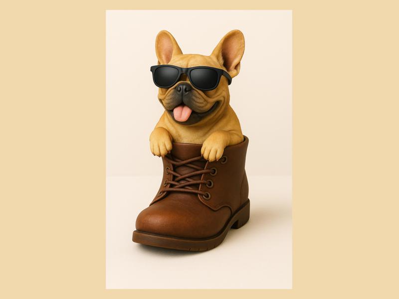 French Bulldog - Bulli in shoe with glasses and tongue out