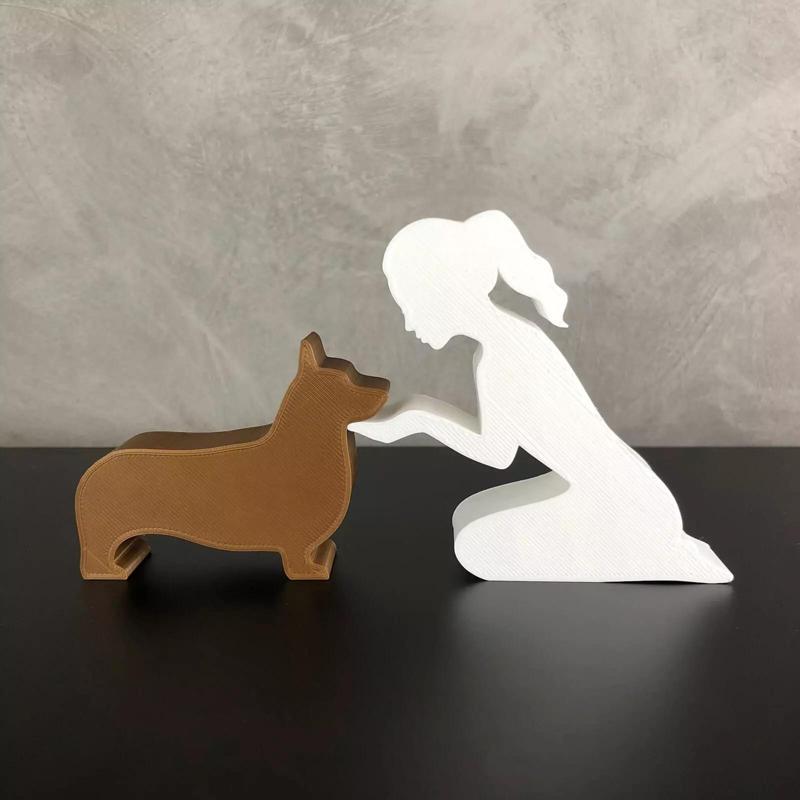 Girl and her Corgi -tied hair- for 3D printer or laser cut