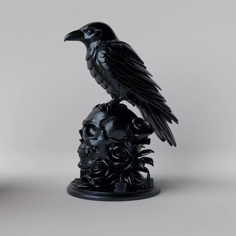 Gothic Crow on Skull Halloween and Fantasy Decoration