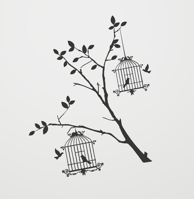 Cage with bird and tree wall decoration, home decoration, stencil