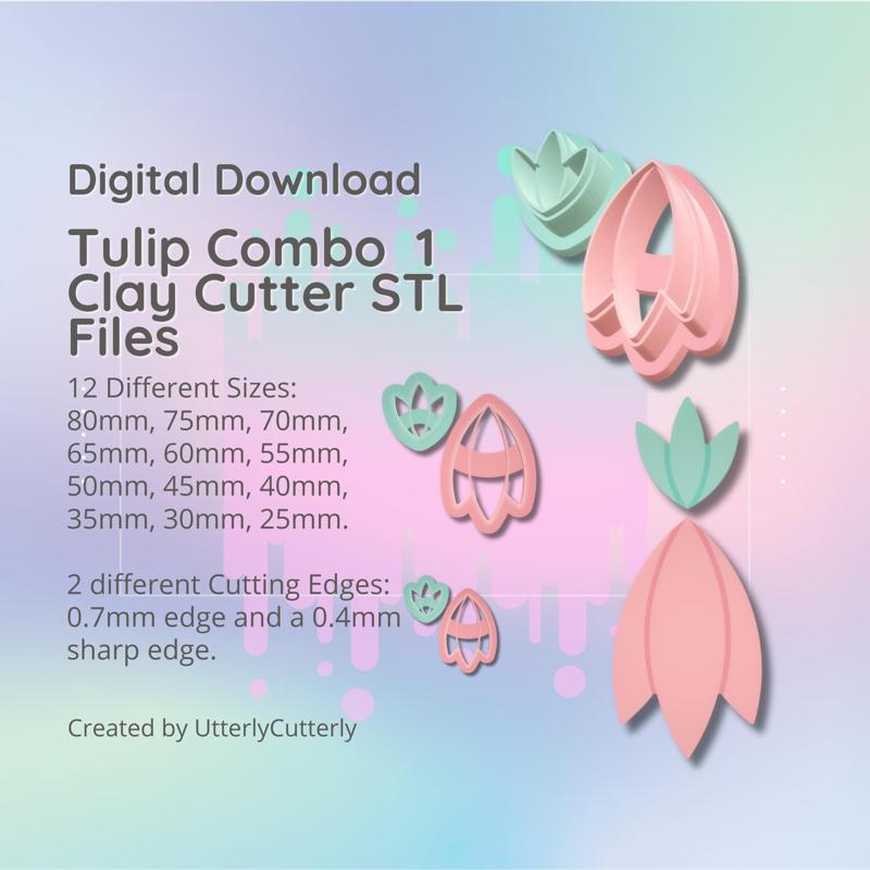 Clay Cutter STL File - Tulip Combo 1  - Earring Digital File Download- 12 sizes and 2 Earring Cutter Versions, cookie cutter