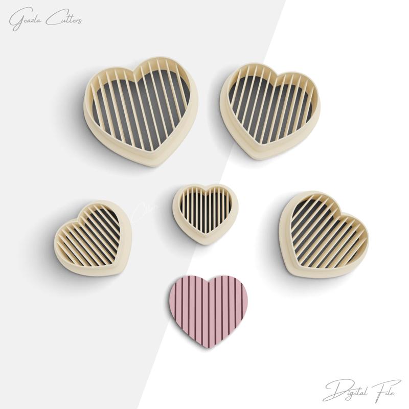Striped Heart Clay Cutter, Heart Shape Polymer Clay Earring Cutter, 2 Cutter Version, 5 Sizes Included, Digital STL File, No: 937