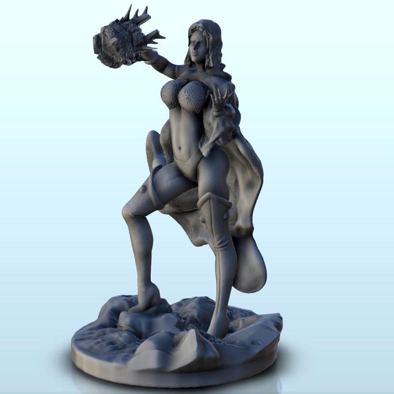 Sexy warrior on rock with club (censored version) - Medieval Fantasy Magic Feudal Old Archaic Saga 28mm 15mm