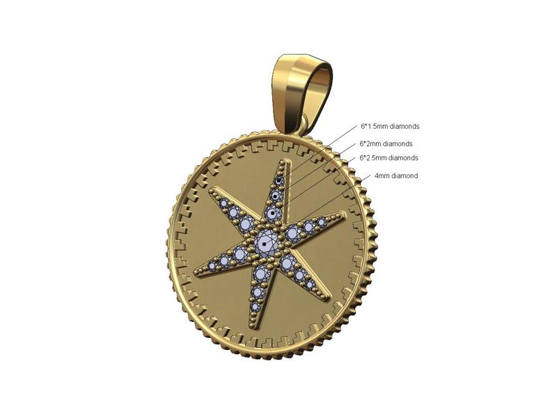 Diamond 6 point star coin pendant with bail 3D print model