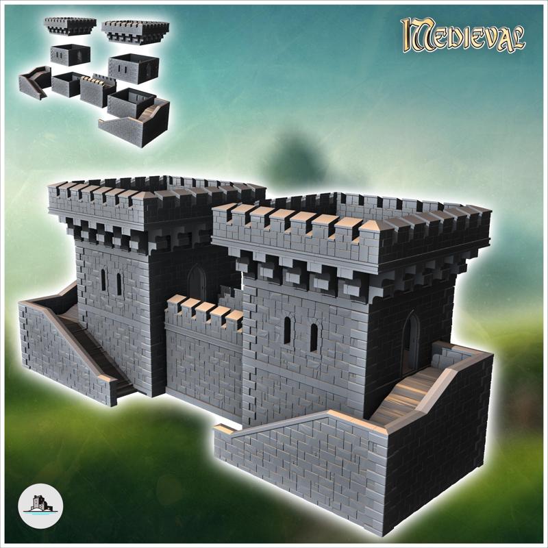 Stone fortress with double towers and access stairs (9) - Medieval Gothic Feudal Old Archaic Saga 28mm 15mm RPG