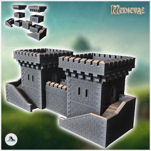 Stone fortress with double towers and access stairs (9) - Medieval Gothic Feudal Old Archaic Saga 28mm 15mm RPG