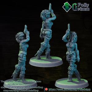 Tabletop miniature sci-fi cyberpunk fantasy. Elf girl with pistol