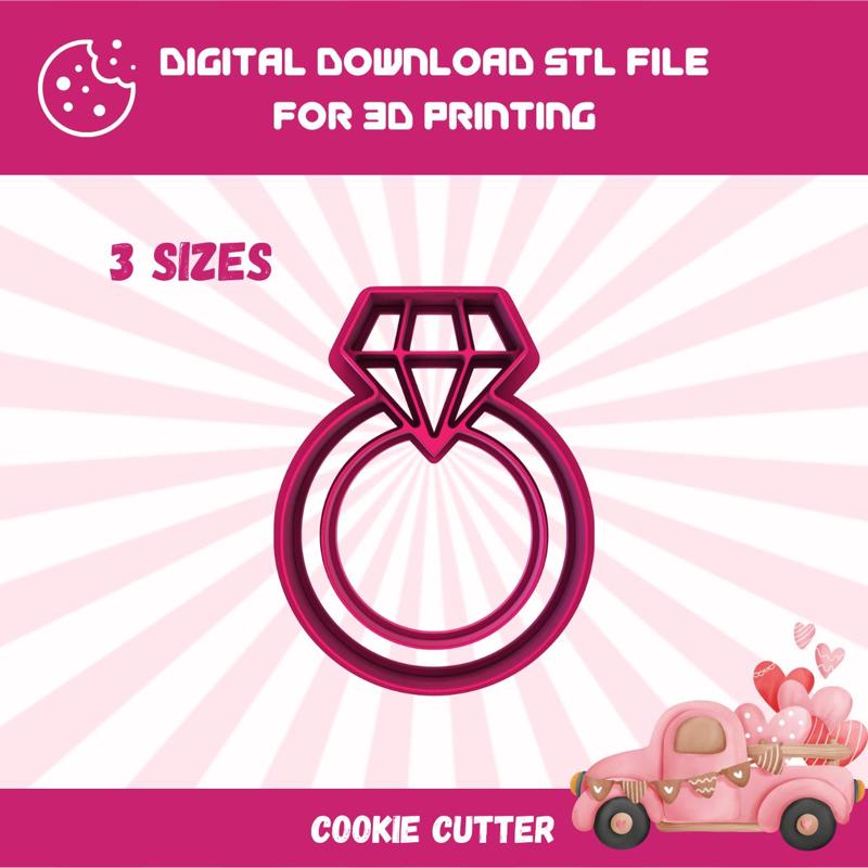Cutty clay stl engagement ring with diamond cookie cutter, 3 sizes stl file for 3d printing