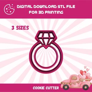 Cutty clay stl engagement ring with diamond cookie cutter, 3 sizes stl file for 3d printing