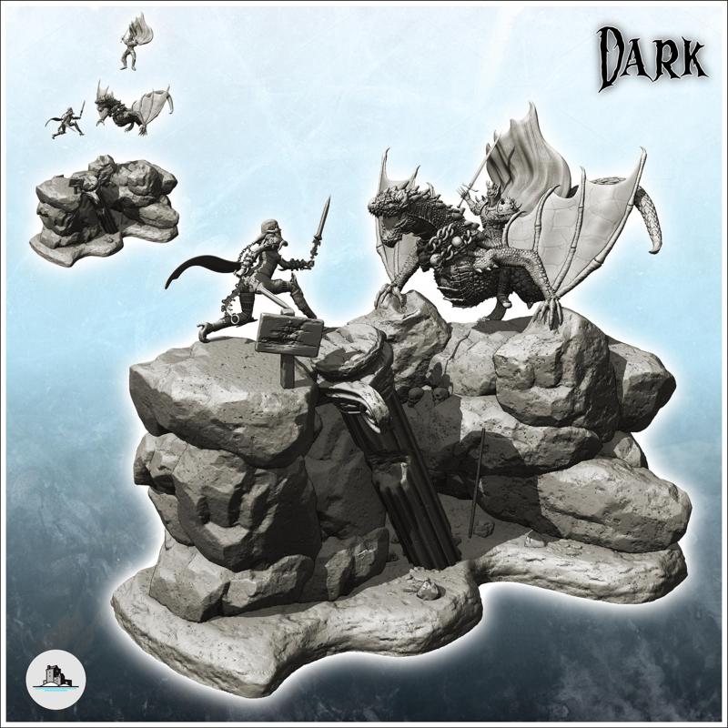 Knight with sword fighting an evil warrior on dragon, with antique column (19) - Medieval Dark Chaos Animal Beast Undead Tabletop Terrain