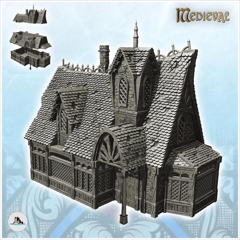 Large medieval manor with entrance awning, large windows and tile roof (17) - Medieval Gothic Feudal Old Archaic Saga 28mm 15mm